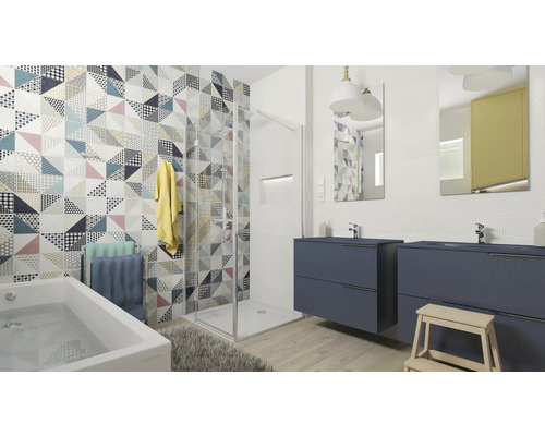 Svetlá kúpeľňa so sprchou, vaňou, dvoma umývadlami a geometrickými obkladmi