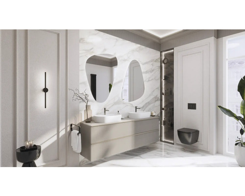 Moderná kúpeľňa s dvojitým umývadlom, zrkadlami a závesným WC