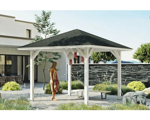 Záhradný altánok SKAN HOLZ Cannes Veľkosť 1, 374x374 cm, biele laminované drevo Biely altánok s tmavou strechou a lavicou v záhrade
