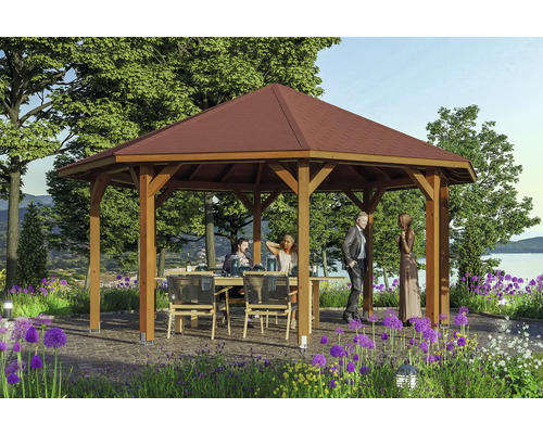 Záhradný altánok SKAN HOLZ Nice Veľkosť 3, o 557 cm, orechové laminované drevo Drevený záhradný pavilón so stolom a stoličkami v záhrade