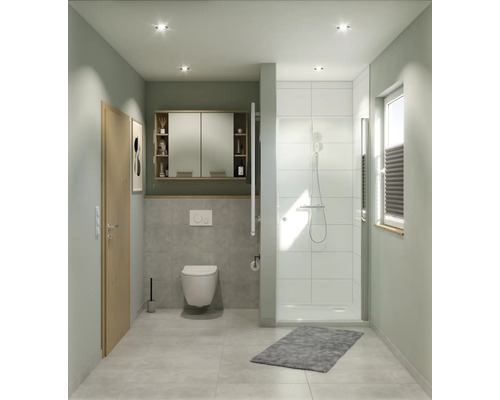 Kúpeľňa so sprchou, toaletou, umývadlom a zrkadlom