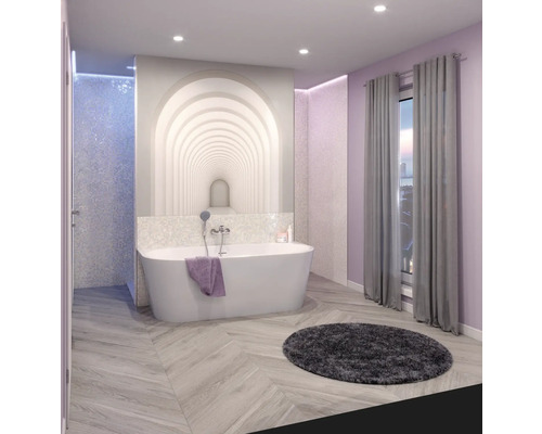 Dlažba imitácia dreva Count grey 20x120 cm Kúpeľňa s voľne stojacou vaňou, vzorovanými dlaždicami a oknom so závesmi pre svetlé a usporiadané prostredie