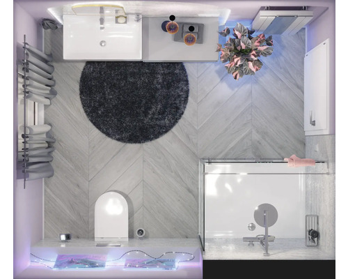 Pohľad zhora na kúpeľňu s umývadlom, toaletou, sprchou a okrúhlym kobercom