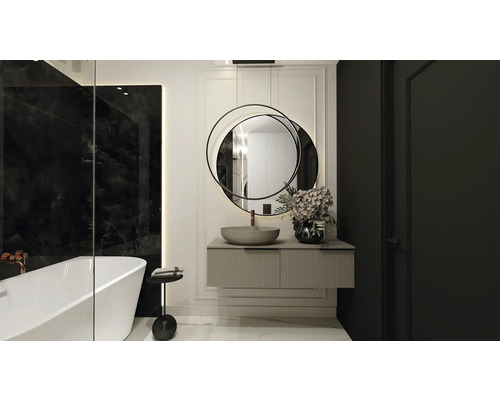 Moderná kúpeľňa s voľne stojacou vaňou, umývadlom a zrkadlom