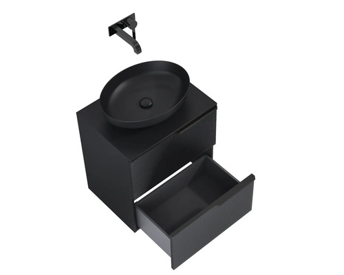 Skrinka pod umývadlo s otvorenou zásuvkou, umývadlom na dosku a batériou