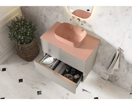 Kúpeľňová skrinka s otvoreným výsuvom, umývadlo na dosku a rastlina v košíku