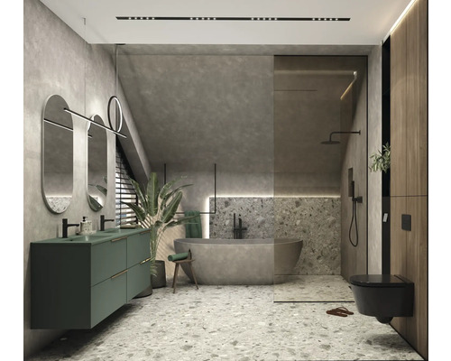 Moderná kúpeľňa s umývadlom, zrkadlami, vaňou, sprchou a toaletou