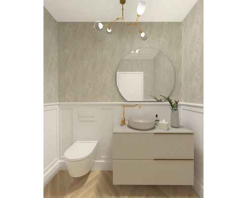 Moderná kúpeľňa s nástennou toaletou, skrinkou pod umývadlo, okrúhlym zrkadlom a stropným svietidlom