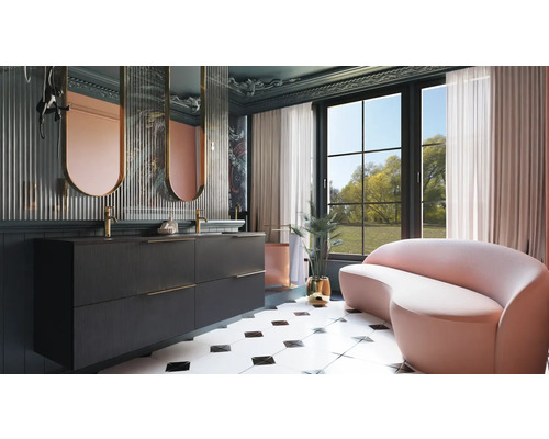 Elegantná kúpeľňa s umývadlom, zrkadlami a lavicou