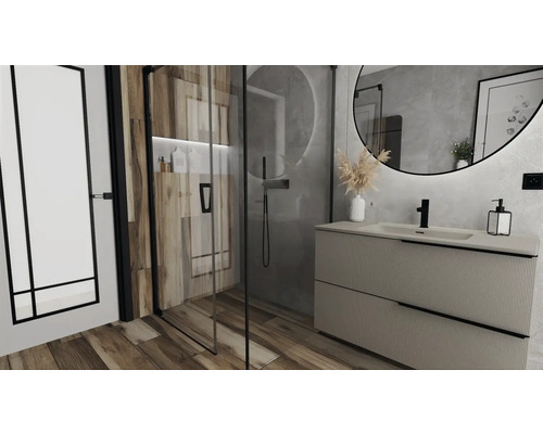 Moderná kúpeľňa so sprchou, umývadlom a zrkadlom