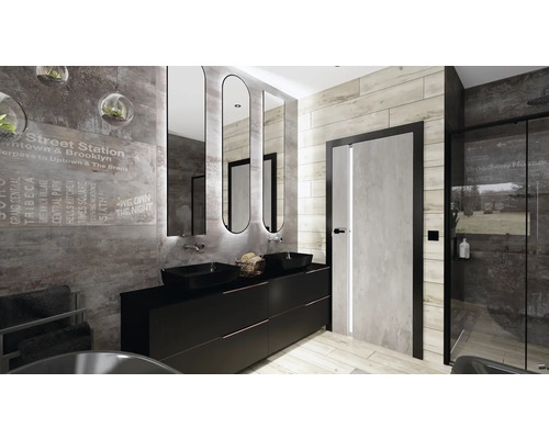 Moderná kúpeľňa s umývadlom, zrkadlami, sprchou a sivými obkladmi