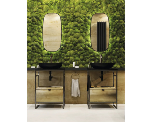 Kúpeľňa s dvoma umývadlami, čiernymi umývadlovými misami, zrkadlami a stenou z machu