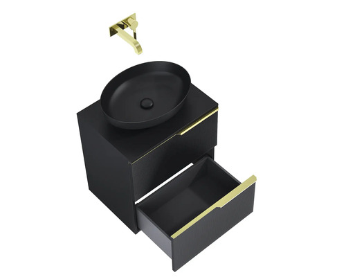 Umývadlo s umývadlovou skrinkou, čierne umývadlo na dosku a zlatá armatúra