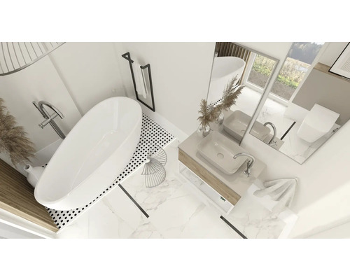 Svetlá kúpeľňa s voľne stojacou vaňou, umývadlom a zrkadlom