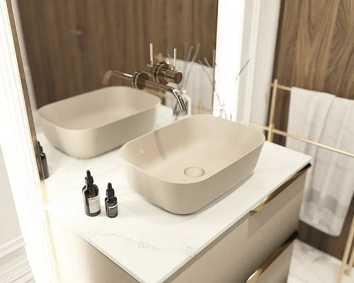 Kúpeľňové umývadlo na skrinke s vodovodnou batériou a držiakom na uteráky