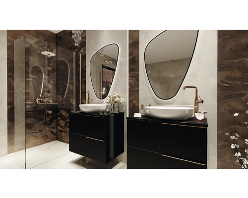 Moderná kúpeľňa so sprchou, umývadlami, zrkadlami a štýlovým vybavením