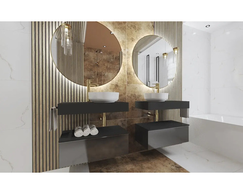 Kúpeľňa s dvoma umývadlami, okrúhlymi zrkadlami a drevenými panelmi