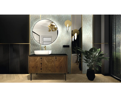 Moderná kúpeľňa s umývadlom, zrkadlom a rastlinami