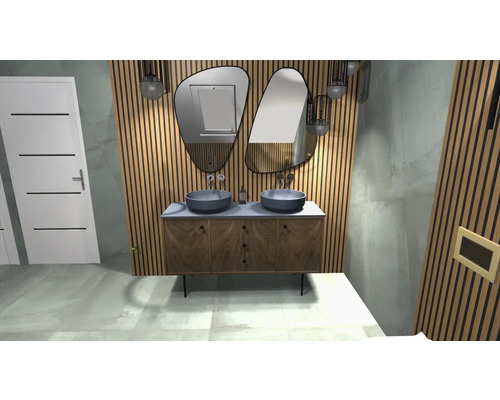 Kúpeľňa s dvojitým umývadlom, dvoma zrkadlami a zvislými drevenými panelmi