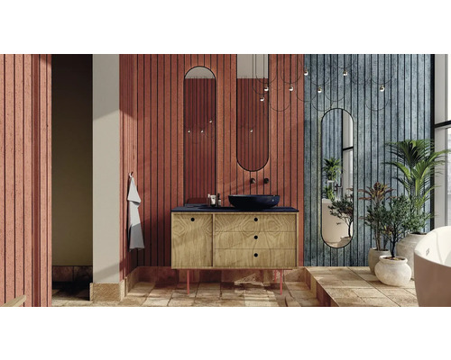 Kúpeľňa s umývadlom, zrkadlami, rastlinami a dreveným obkladom stien pre svetlé a usporiadané prostredie.