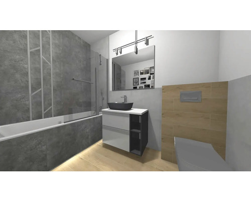 Moderná kúpeľňa s vaňou, umývadlom a toaletou.