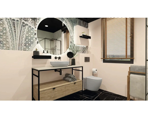 Kúpeľňa s umývadlom, zrkadlom, toaletou a okennými žalúziami