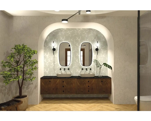 Svetlá kúpeľňa s dvojitým umývadlom, zrkadlami, rastlinami a dekoratívnymi prvkami