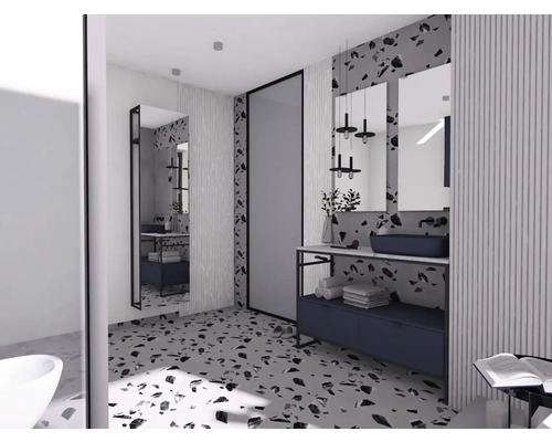 Svetlá kúpeľňa s umývadlom, zrkadlami a terazzovou podlahou