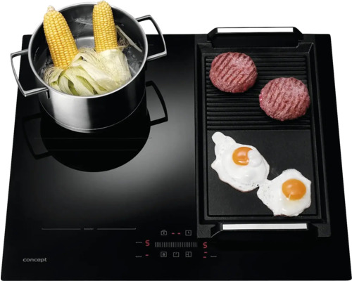 Indukčná varná doska s hrncom kukurice, hamburgery a praženica