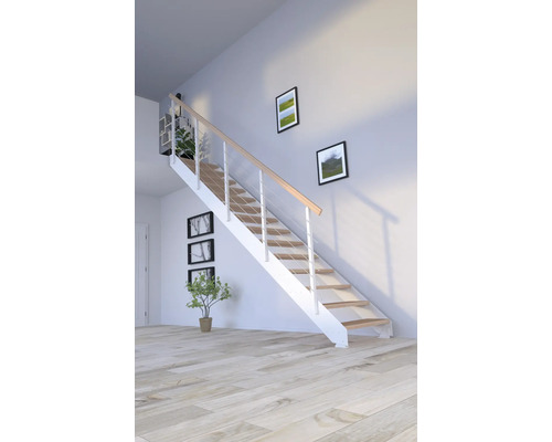 Svetlá miestnosť so schodiskom z dreva a kovu, zdobená rastlinami a obrazmi