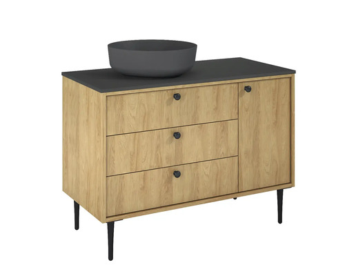 Skrinka pod umývadlo s tromi zásuvkami, jednými dvierkami a umývadlom na dosku