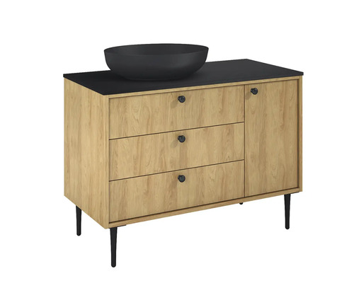 Skrinka pod umývadlo s tromi zásuvkami, jednými dvierkami a umývadlom na dosku