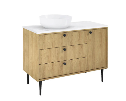 Skrinka pod umývadlo s tromi zásuvkami, jednými dvierkami a umývadlom na dosku