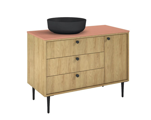 Skrinka pod umývadlo s tromi zásuvkami, jednými dvierkami a umývadlom na dosku