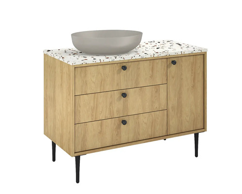 Skrinka pod umývadlo s tromi zásuvkami, jednými dvierkami a umývadlom na dosku