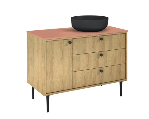 Skrinka pod umývadlo s umývadlom na dosku, jednými dvierkami a tromi zásuvkami