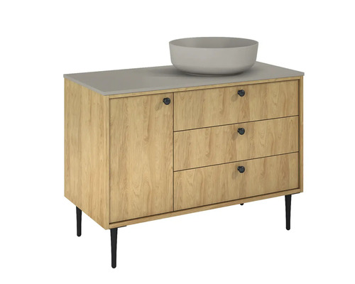 Skrinka pod umývadlo s umývadlom na dosku, tromi zásuvkami a jednými dvierkami