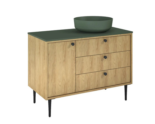 Skrinka pod umývadlo s tromi zásuvkami, jednými dvierkami a umývadlom na dosku