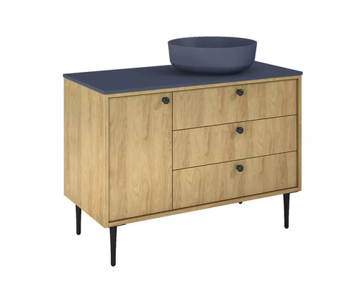 Skrinka pod umývadlo s umývadlom na dosku, vzhľad dreva a tri zásuvky