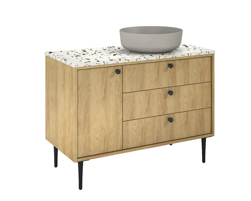 Skrinka pod umývadlo s umývadlom, jednými dvierkami a tromi zásuvkami do kúpeľne.