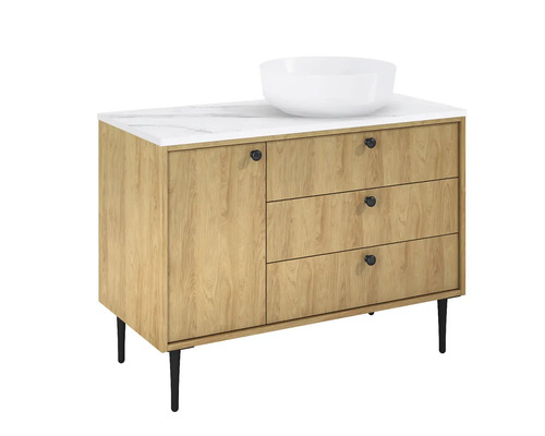 Skrinka pod umývadlo s umývadlom, tromi zásuvkami, jednými dvierkami a nožičkami