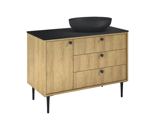 Skrinka pod umývadlo s umývadlom na dosku, jednými dvierkami a tromi zásuvkami