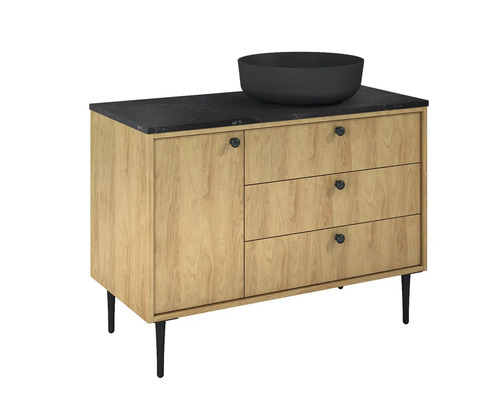 Skrinka pod umývadlo s tromi zásuvkami, dvierkami, tmavou doskou a umývadlom na dosku