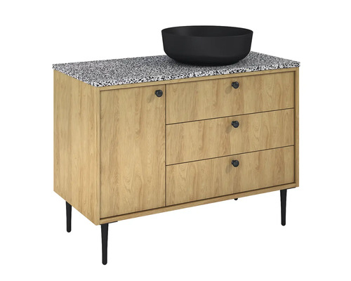 Skrinka pod umývadlo s čiernym umývadlom na dosku, jednými dvierkami a tromi zásuvkami