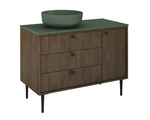 Skrinka pod umývadlo s tromi zásuvkami, jednými dvierkami a umývadlom na dosku