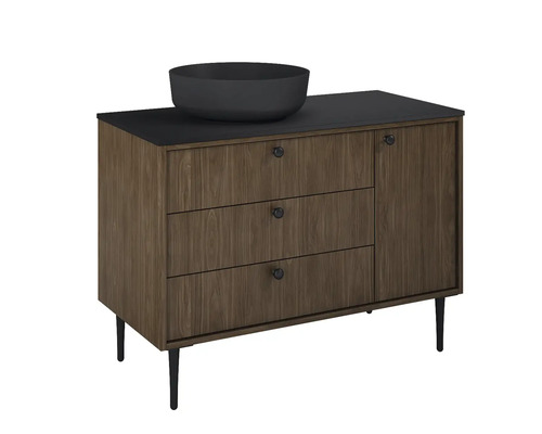 Skrinka pod umývadlo s tromi zásuvkami, jednými dvierkami a umývadlom na dosku