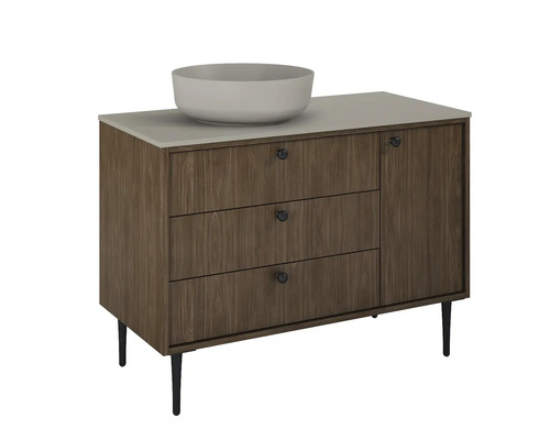 Skrinka pod umývadlo s tromi zásuvkami, jednými dvierkami a umývadlom na dosku