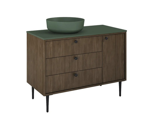 Skrinka pod umývadlo s tromi zásuvkami, jednými dvierkami a umývadlom na dosku