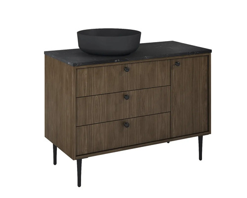 Skrinka pod umývadlo s tromi zásuvkami, jednými dvierkami a umývadlom na dosku