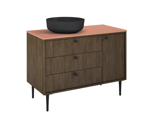 Skrinka pod umývadlo s tromi zásuvkami, jednými dvierkami a umývadlom na dosku